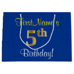 [ Thumbnail: Elegant, Blue, Faux Gold 5th Birthday; Custom Name Gift Bag ]