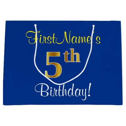 Elegant Blue Faux Gold 5th Birthday Custom Name Large Gift Bag