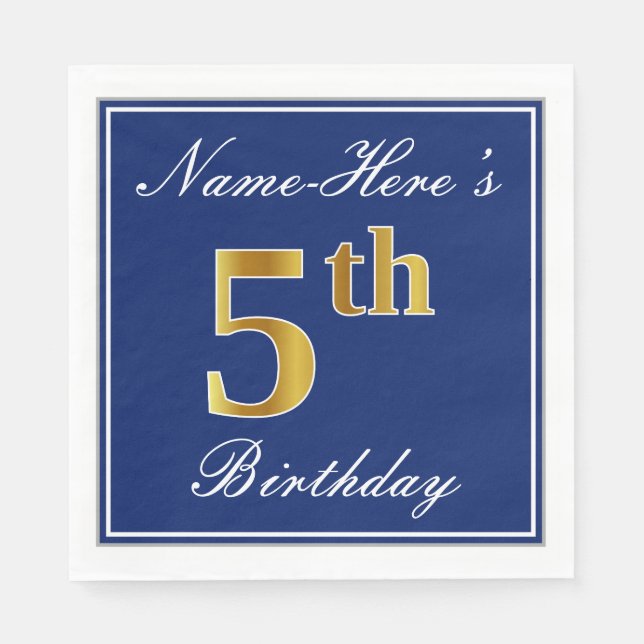 Elegant Blue, Faux Gold 5th Birthday + Custom Name Paper Napkins (Front)