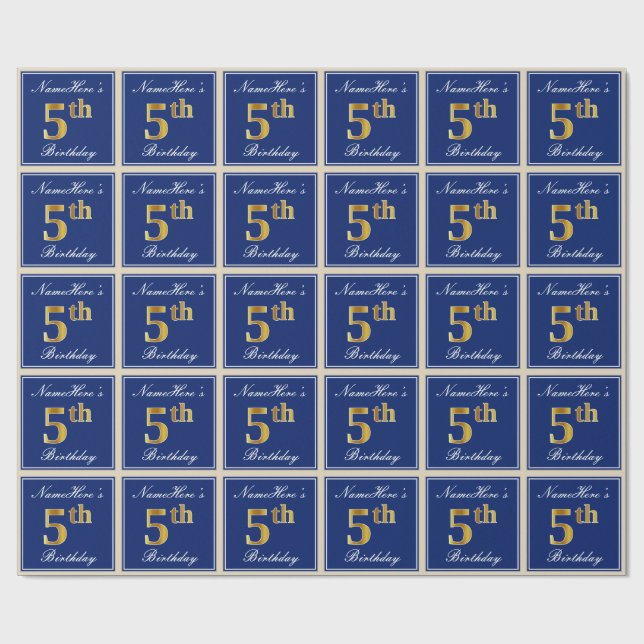 Elegant, Blue, Faux Gold 5th Birthday; Custom Name Wrapping Paper (Flat)