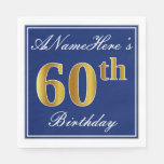 [ Thumbnail: Elegant Blue, Faux Gold 60th Birthday; Custom Name Paper Napkin ]