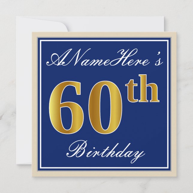 Elegant, Blue, Faux Gold 60th Birthday + Name Invitation (Front)