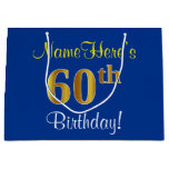 [ Thumbnail: Elegant, Blue, Faux Gold 60th Birthday + Name Gift Bag ]