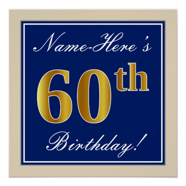 Elegant, Blue, Faux Gold 60th Birthday + Name Poster (Front)