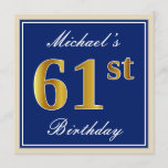 [ Thumbnail: Elegant, Blue, Faux Gold 61st Birthday + Name Invitation ]
