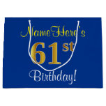[ Thumbnail: Elegant, Blue, Faux Gold 61st Birthday + Name Gift Bag ]