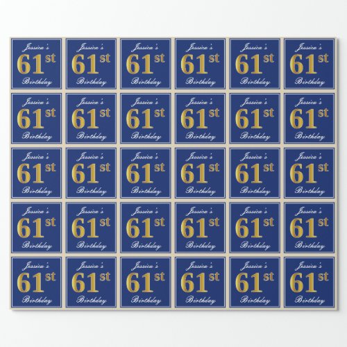 Elegant Blue Faux Gold 61st Birthday  Name Wrapping Paper
