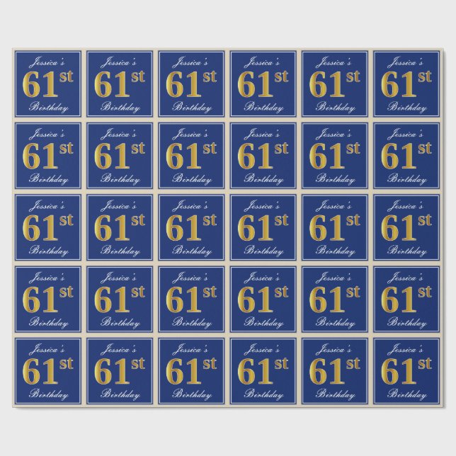 Elegant, Blue, Faux Gold 61st Birthday + Name Wrapping Paper (Flat)