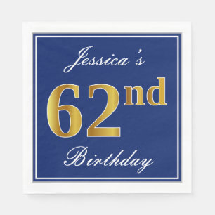 Elegant Blue, Faux Gold 62nd Birthday; Custom Name Napkins