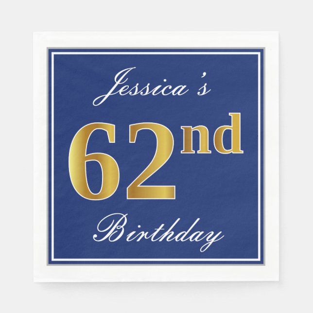 Elegant Blue, Faux Gold 62nd Birthday; Custom Name Napkins (Front)
