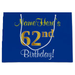 [ Thumbnail: Elegant, Blue, Faux Gold 62nd Birthday + Name Gift Bag ]