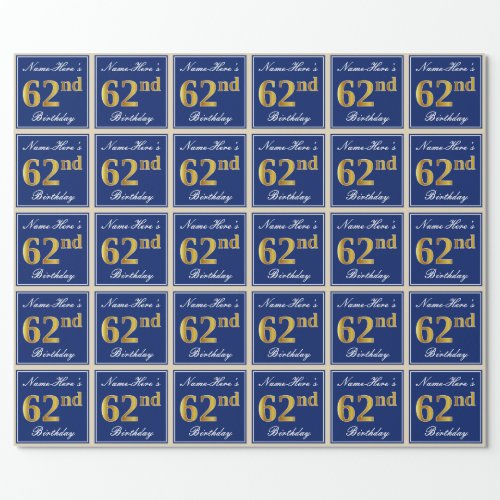 Elegant Blue Faux Gold 62nd Birthday  Name Wrapping Paper