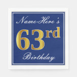 [ Thumbnail: Elegant Blue, Faux Gold 63rd Birthday; Custom Name Napkins ]