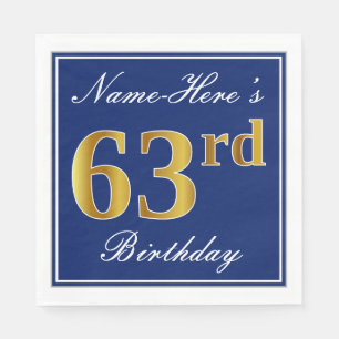 Elegant Blue, Faux Gold 63rd Birthday; Custom Name Napkins