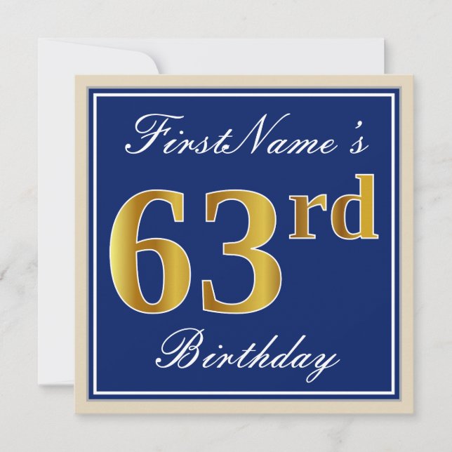 Elegant, Blue, Faux Gold 63rd Birthday + Name Invitation (Front)