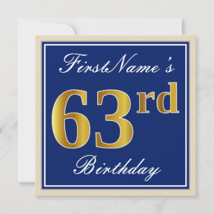 Elegant, Blue, Faux Gold 63rd Birthday + Name Invitation