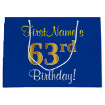 [ Thumbnail: Elegant, Blue, Faux Gold 63rd Birthday + Name Gift Bag ]