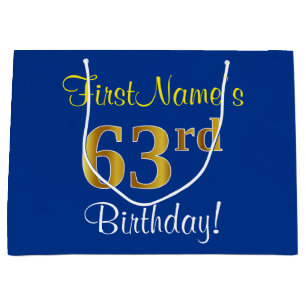 Elegant, Blue, Faux Gold 63rd Birthday + Name Large Gift Bag