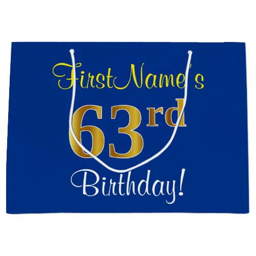 Elegant Blue Faux Gold 63rd Birthday  Name Large Gift Bag