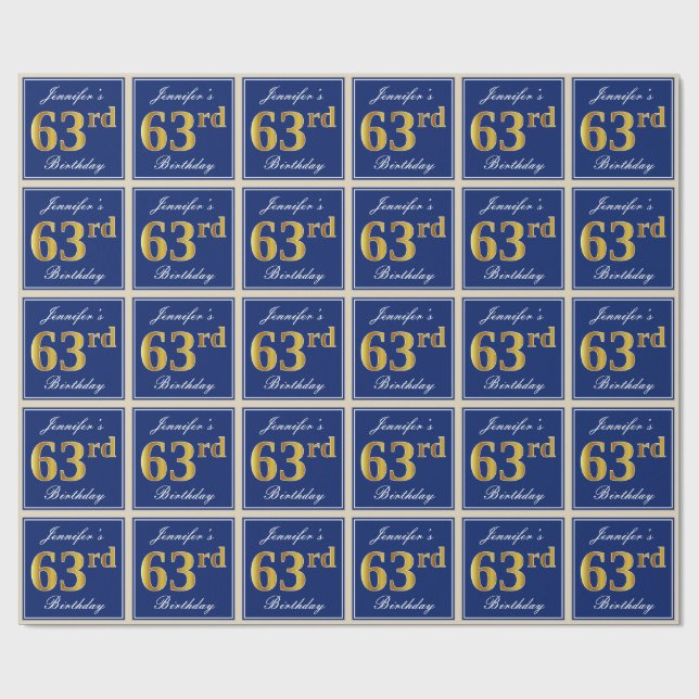 Elegant, Blue, Faux Gold 63rd Birthday + Name Wrapping Paper (Flat)