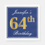 [ Thumbnail: Elegant Blue, Faux Gold 64th Birthday; Custom Name Napkins ]
