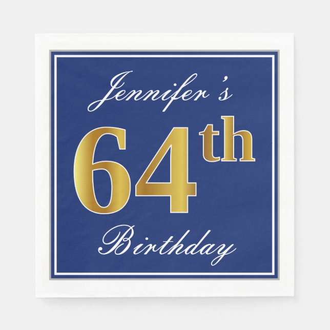 Elegant Blue, Faux Gold 64th Birthday; Custom Name Napkins (Front)