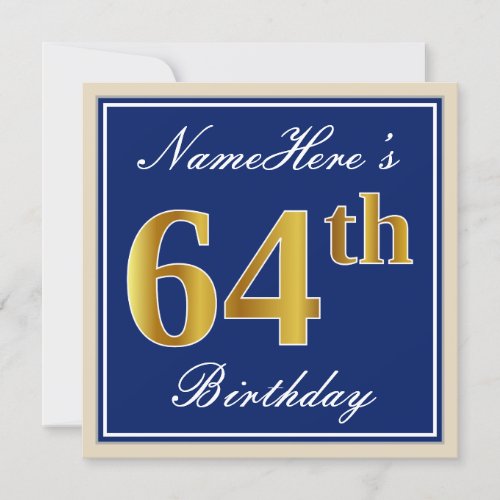 Elegant Blue Faux Gold 64th Birthday  Name Invitation