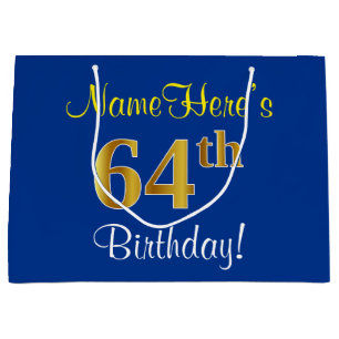 Elegant, Blue, Faux Gold 64th Birthday + Name Large Gift Bag