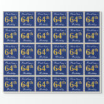 [ Thumbnail: Elegant, Blue, Faux Gold 64th Birthday + Name Wrapping Paper ]