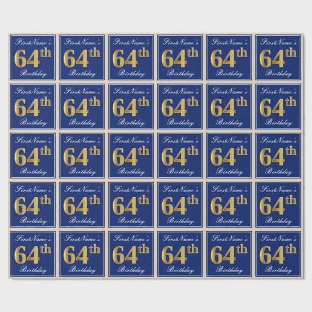 Elegant, Blue, Faux Gold 64th Birthday + Name Wrapping Paper (Flat)