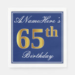 [ Thumbnail: Elegant Blue, Faux Gold 65th Birthday; Custom Name Napkins ]