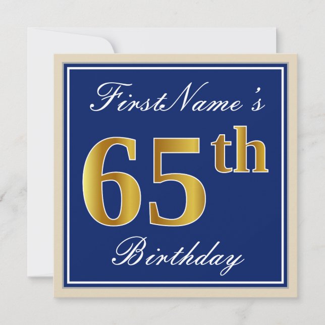 Elegant, Blue, Faux Gold 65th Birthday + Name Invitation (Front)