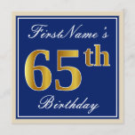 [ Thumbnail: Elegant, Blue, Faux Gold 65th Birthday + Name Invitation ]