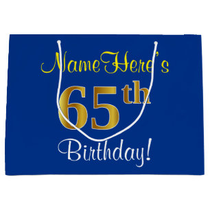 Elegant, Blue, Faux Gold 65th Birthday + Name Large Gift Bag