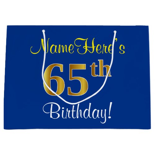 Elegant Blue Faux Gold 65th Birthday  Name Large Gift Bag