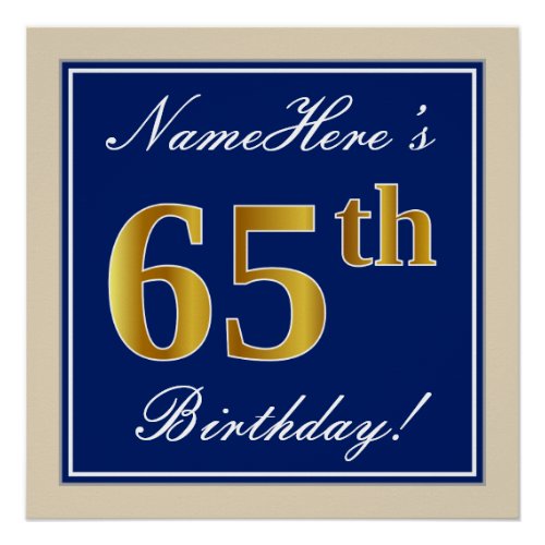 Elegant Blue Faux Gold 65th Birthday  Name Poster