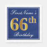 [ Thumbnail: Elegant Blue, Faux Gold 66th Birthday; Custom Name Paper Napkin ]