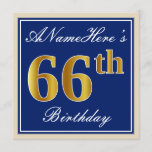 [ Thumbnail: Elegant, Blue, Faux Gold 66th Birthday + Name Invitation ]