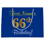 [ Thumbnail: Elegant, Blue, Faux Gold 66th Birthday + Name Gift Bag ]
