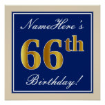 [ Thumbnail: Elegant, Blue, Faux Gold 66th Birthday + Name Poster ]