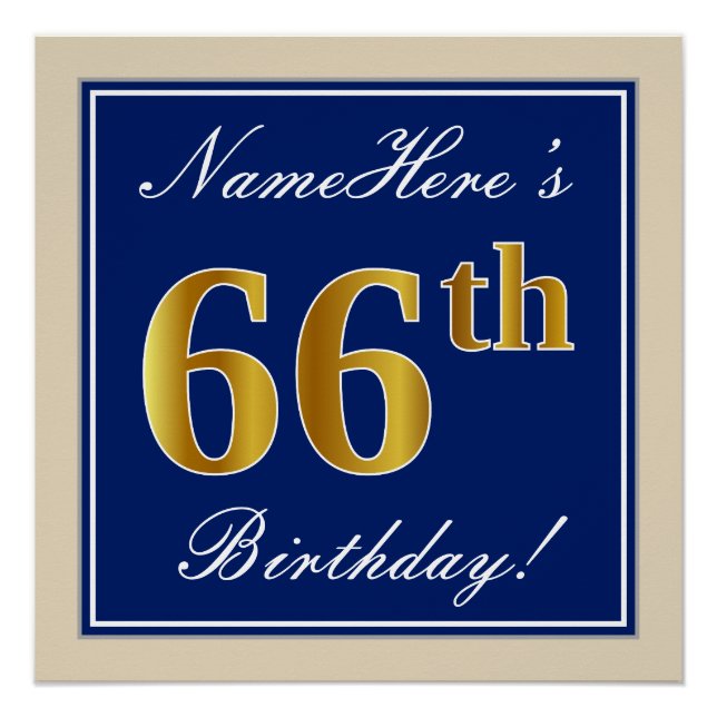 Elegant, Blue, Faux Gold 66th Birthday + Name Poster (Front)