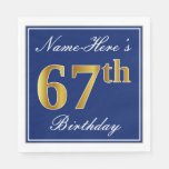 [ Thumbnail: Elegant Blue, Faux Gold 67th Birthday; Custom Name Napkins ]