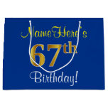 [ Thumbnail: Elegant, Blue, Faux Gold 67th Birthday + Name Gift Bag ]