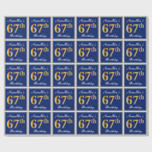 Elegant, Blue, Faux Gold 67th Birthday + Name Wrapping Paper