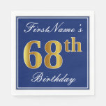[ Thumbnail: Elegant Blue, Faux Gold 68th Birthday; Custom Name Napkins ]