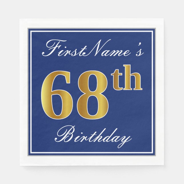 Elegant Blue, Faux Gold 68th Birthday; Custom Name Paper Napkins (Front)