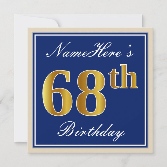 Elegant, Blue, Faux Gold 68th Birthday + Name Invitation (Front)