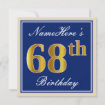 [ Thumbnail: Elegant, Blue, Faux Gold 68th Birthday + Name Invitation ]