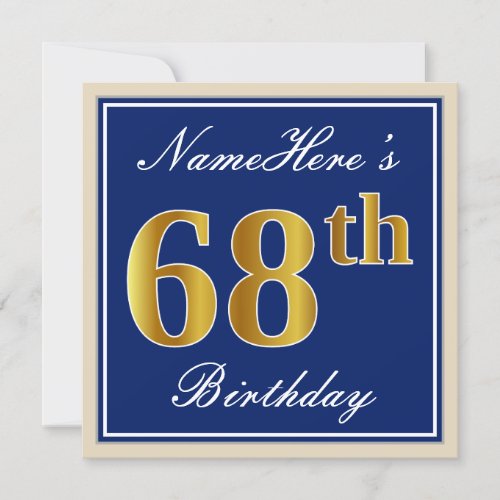 Elegant Blue Faux Gold 68th Birthday  Name Invitation