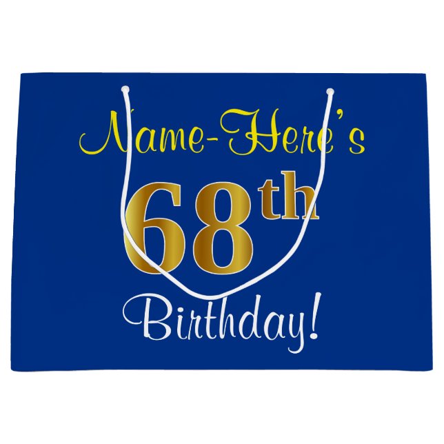 Elegant, Blue, Faux Gold 68th Birthday + Name Large Gift Bag (Front)